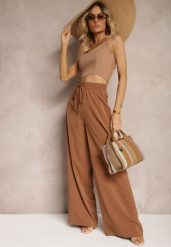 Brązowe Szerokie Spodnie High Waist z Gumką w Talii i Regulowanym Troczkiem Ekalea. Brązowe spodnie materiałowe damskie Renee, bez wzorów, z jeansu. Za 74.99 zł.