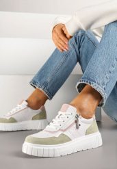 Biało-Zielone Streetwearowe Sneakersy ze Skóry Naturalnej z Ozdobnym Suwakiem Eleavenna. Białe obuwie sportowe damskie Renee, z jeansu, bez zapięcia. Za 169.99 zł.