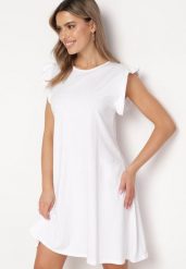 Biała Letnia Sukienka Bawełniana z Falbankami Wokół Ramion Sasare. Białe sukienki damskie Born2be, bez wzorów, z bawełny, bez ramiączek. Za 44.99 zł.