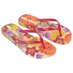 Japonki Ipanema Verao Tropical Fem 27197 BB263 czerwone. Czerwone klapki damskie bez wzorów, z materiału, bez obcasa, bez zapięcia. Za 154.29 zł.