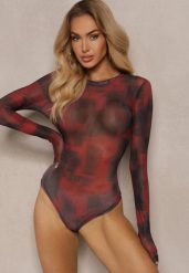 Bordowe Body z Siateczki z Długimi Rękawami i Wzorem Tie-Dye Itavia. Czerwone body i gorsety Renee, bez wzorów, z jeansu. Za 69.99 zł.