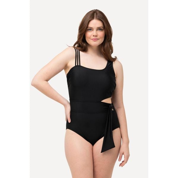 Damski Kostium kąpielowy bloki kolorów miękkie miseczki z recyklingu. Czarne stroje jednoczęściowe Ulla Popken, bez wzorów, z elastanu. Za 294.99 zł.