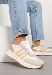 Beżowo-Fioletowe Sneakersy Ozdobione Geometrycznym Wzorem Eldvisa. Brązowe obuwie sportowe damskie Renee, z jeansu, bez zapięcia. Za 79.99 zł.