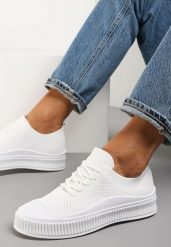 Białe Trampki z Siateczkową Cholewką i Tłoczoną Podeszwą Lalnai. Białe obuwie sportowe casual damskie Renee, z jeansu, bez zapięcia. Za 39.99 zł.