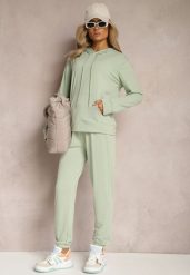 Jasnozielony Klasyczny Komplet Dresowy z Bluzą Kangurką i Spodniami Typu Jogger Salevia. Zielone bluzy damskie Renee, m, bez wzorów, z dresówki, bez kaptura. Za 74.99 zł.