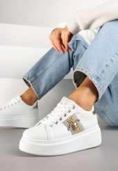Biało-Złote Sneakersy Ozdobione Aplikacją Złotego Owada na Platformie Hlinntia. Białe obuwie sportowe damskie Renee, bez zapięcia. Za 79.99 zł.