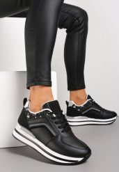 Czarne Sneakersy z Ekoskóry z Brokatowymi Wstawkami i Sznurowaniem Jelise. Czarne obuwie sportowe damskie Renee, bez zapięcia. Za 89.99 zł.