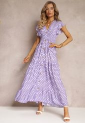 Fioletowa Rozkloszowana Sukienka Maxi w Kropki z Gumką w Talii Janey. Fioletowe sukienki damskie Renee, bez wzorów, bez ramiączek. W wyprzedaży za 63.99 zł.