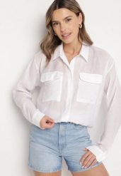 Biała Koszula z Modalem i Ozdobnymi Kieszeniami Mavisene. Białe koszule damskie Born2be, uniwersalny, bez wzorów, z jeansu, eleganckie, bez kołnierzyka, bez ramiączek. Za 109.99 zł.