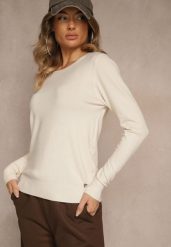 Beżowy Gładki Sweter w Minimalistycznym Stylu Tevra. Brązowe swetry klasyczne damskie Renee, l, z jeansu, bez kołnierzyka. Za 59.99 zł.