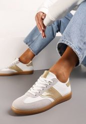 Biało-Złote Sneakersy Tenisówki z Klasycznym Sznurowaniem Norio. Białe obuwie sportowe damskie Renee, z jeansu, bez zapięcia, tenisowe. Za 69.99 zł.