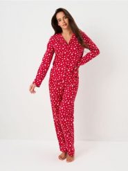 Bawełniana piżama dwuczęściowa ze wzorem - czerwony. Czerwone piżamy damskie Sinsay, bez wzorów, z bawełny, bez ramiączek. Za 79.99 zł.