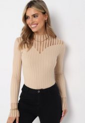 Beżowy Golf z Przeźroczystymi Wstawkami Faelis. Brązowe golfy damskie Born2be, z aplikacjami, z dzianiny, bez ramiączek. Za 54.99 zł.