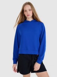 4F Bluza dresowa nierozpinana z kapturem damska - niebieska XL. Niebieskie bluzy damskie 4F, xl, bez wzorów, z bawełny, z kapturem. W wyprzedaży za 99.99 zł.