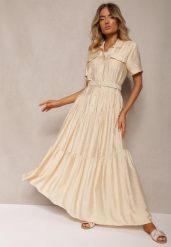 Beżowa Rozkloszowana Sukienka z Paskiem w Talii Vimalise. Brązowe sukienki damskie Renee, bez wzorów, eleganckie, bez ramiączek. W wyprzedaży za 135.99 zł.