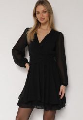 Czarna Rozkloszowana Sukienka z Siateczki z Kopertowym Dekoltem Zenessa. Czarne sukienki damskie Born2be, bez wzorów, z materiału, bez ramiączek. Za 149.99 zł.