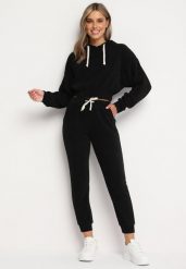 Czarny Komplet Dresowy z Bawełną Krótka Bluza z Kapturem i Spodnie z Gumką w Pasie Gesaria. Czarne bluzy damskie Born2be, xl, bez wzorów, z bawełny, z kapturem. Za 49.99 zł.
