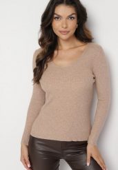 Ciemnobeżowy Sweter Prążkowany z Trójkątnym Dekoltem Vorila. Brązowe swetry klasyczne damskie Born2be, s, prążkowane, bez kołnierzyka. Za 39.99 zł.