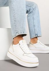 Biało-Złote Sneakersy na Platformie Ozdobione Brokatem i Napisem Udivoria. Białe obuwie sportowe damskie Renee, z jeansu, bez zapięcia. Za 89.99 zł.