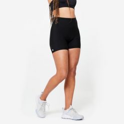 Spodenki fitness cardio damskie Domyos. Czarne spodenki sportowe damskie DOMYOS, l, bez wzorów, z materiału, z podwyższonym stanem, na fitness i siłownię. Za 39.99 zł.