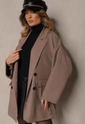 Ciemnobeżowa Oversizowa Marynarka z Klapami i Dwurzędowym Zapięciem Sinthelis. Brązowe marynarki i żakiety damskie Renee, z aplikacjami, eleganckie. Za 119.99 zł.