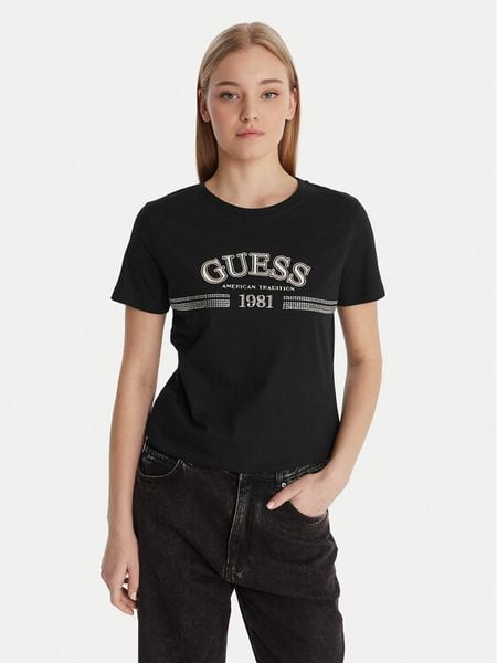 Guess T-Shirt V6RI16 I3Z14 Czarny Regular Fit. Czarne t-shirty damskie Guess, xxs, z aplikacjami, z bawełny, bez kołnierzyka. Za 179.99 zł.