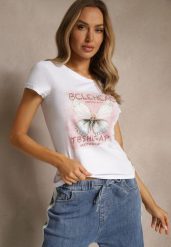 Biały T-shirt z Bawełny Ozdobiony Cyrkoniami i Motylem Uliadwena. Białe t-shirty damskie Renee, s, bez wzorów, z bawełny, bez kołnierzyka. Za 39.99 zł.