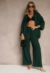 Ciemnozielony Wiskozowy Komplet Oversize Koszula i Spodnie Wide Leg Zierana. Zielone koszule damskie Renee, bez wzorów, z materiału, bez kołnierzyka, bez ramiączek. Za 99.99 zł.