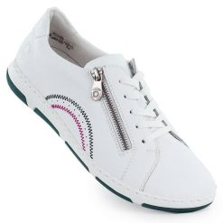 Skórzane półbuty damskie na suwak białe Rieker 42424-80. Białe półbuty damskie Rieker, bez wzorów, ze skóry, bez obcasa, bez zapięcia. Za 349.00 zł.