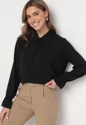 Czarna Koszula Ozdobiona Falbankami przy Rękawach i Marszczeniem Araniella. Czarne koszule damskie Born2be, m, z aplikacjami, z jeansu, eleganckie, bez kołnierzyka, bez ramiączek. Za 54.99 zł.