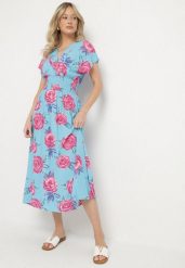 Niebieska Kopertowa Sukienka z Bawełną w Kwiaty Tdivana. Niebieskie sukienki damskie Born2be, bez wzorów, z bawełny, eleganckie, bez ramiączek. Za 89.99 zł.