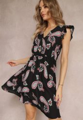 Czarna Rozkloszowana Sukienka Mini we Wzór Paisley Rachelli. Czarne sukienki damskie Renee, z aplikacjami, eleganckie, bez ramiączek. W wyprzedaży za 55.99 zł.