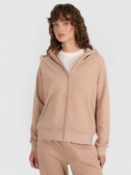 4F Bluza dresowa rozpinana z kapturem damska - beżowa XS. Brązowe kardigany damskie 4F, uniwersalny, bez wzorów, z bawełny. Za 159.99 zł.