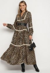 Brązowa Sukienka w Panterkę w Stylu Retro z Ozdobnymi Lamówkami Zetizia. Brązowe sukienki damskie Born2be, bez wzorów, z materiału, retro, bez ramiączek. W wyprzedaży za 144.49 zł.