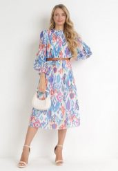 Niebieska Plisowana Sukienka Midi z Paskiem Hyacida. Niebieskie sukienki damskie Born2be, bez wzorów, eleganckie, bez ramiączek. W wyprzedaży za 135.99 zł.