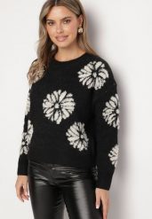 Czarny Sweter z Wełną o Prostym Kroju w Kwiatowy Wzór Tinthera. Czarne swetry klasyczne damskie Born2be, z wełny, bez kołnierzyka. Za 149.99 zł.