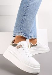 Biało-Złote Sznurowane Sneakersy na Platformie z Aplikacją przy Sznurówkach Khirlie. Żółte obuwie sportowe damskie Renee, bez zapięcia. Za 74.99 zł.