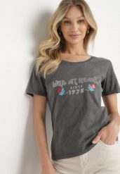 Ciemnoszary Bawełniany T-shirt z Metalicznym Nadrukiem Savariae. Szare t-shirty damskie Born2be, l, z aplikacjami, z bawełny, bez kołnierzyka. Za 39.99 zł.