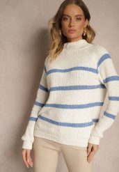 Beżowo-Niebieski Sweter w Poziome Pasy z Domieszką Wiskozy Tintarina. Niebieskie swetry klasyczne damskie Renee, uniwersalny, z jeansu, bez kołnierzyka. Za 59.99 zł.
