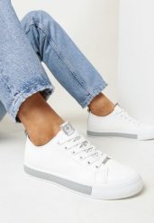 Biało-Szare Tenisówki na Płaskiej Podeszwie z Lamówką i Ozdobnym Językiem Nohema. Białe obuwie sportowe casual damskie Born2be, z jeansu, bez zapięcia, tenisowe. Za 54.99 zł.