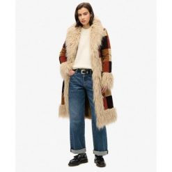 Damski długi płaszcz Superdry Afghan Patchwork. Brązowe płaszcze damskie Superdry, bez wzorów, bez kaptura. W wyprzedaży za 1,020.40 zł.