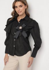Czarna Koszula Zapinana na Ozdobne Guziki z Kokardką Olliana. Czarne koszule damskie Born2be, m, bez wzorów, eleganckie, bez kołnierzyka, bez ramiączek. Za 139.99 zł.