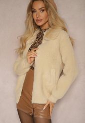 Beżowy Zasuwany Kardigan z Wełną Ozdobiony Kołnierzem z Futerka Dailore. Brązowe kardigany damskie Renee, bez wzorów, z wełny. Za 149.99 zł.
