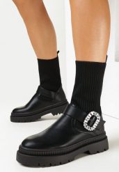 Czarne Wsuwane Botki Workery z Kryształkami i Elastyczną Cholewką z Dzianiny Vutuma. Czarne botki damskie Born2be, z dzianiny, eleganckie, bez obcasa, na płaskiej podeszwie, bez zapięcia. Za 89.99 zł.