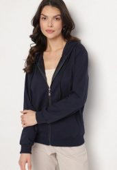 Granatowa Bawełniana Bluza Rozpinana z Kapturem i Sznurkiem Teloriela. Niebieskie bluzy damskie Born2be, m, z aplikacjami, z bawełny, z kapturem. Za 59.99 zł.