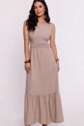 Długa sukienka z odkrytymi plecami i falbaną beżowa. Brązowe sukienki damskie Bewear, bez wzorów, bez ramiączek. Za 349.00 zł.