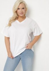 Biały T-shirt z Bawełny z Dekoltem w Serek Aveltebia. Białe t-shirty damskie Born2be, uniwersalny, bez wzorów, z bawełny, bez kołnierzyka. Za 34.99 zł.