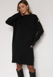 Czarna Sweterkowa Sukienka Pudełkowa Ozdobiona z Boku Guzikami Tustina. Czarne sukienki damskie Born2be, bez wzorów, z dzianiny, eleganckie, bez ramiączek. Za 109.99 zł.