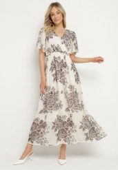 Szara Sukienka w Kwiaty o Rozkloszowanym Kroju z Wiązaniem Raloiti. Szare sukienki damskie Born2be, bez wzorów, eleganckie, bez ramiączek. Za 129.99 zł.