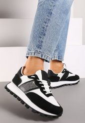 Czarno-Białe Sneakersy z Szerokim Protektorem i Brokatową Naszywką Thesalia. Czarne obuwie sportowe damskie Renee, bez zapięcia. Za 89.99 zł.